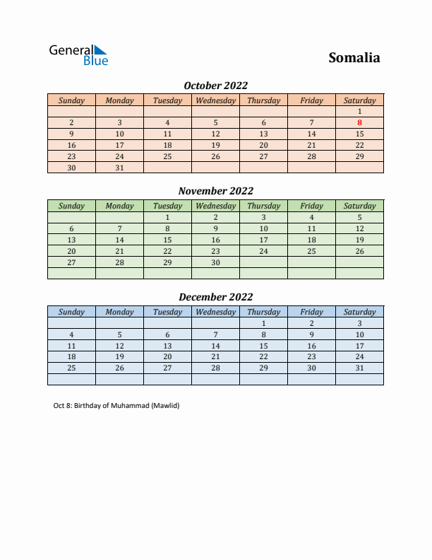 Q4 2022 Holiday Calendar - Somalia