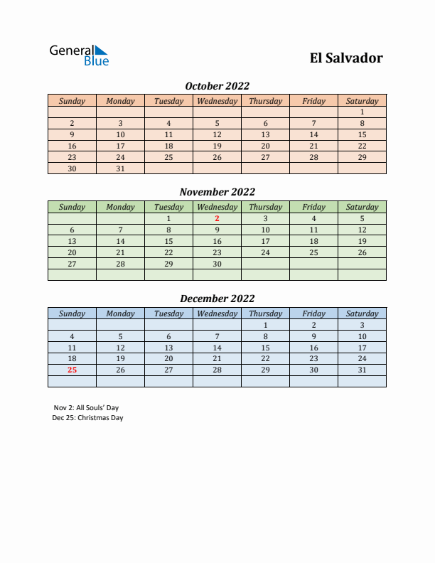 Q4 2022 Holiday Calendar - El Salvador