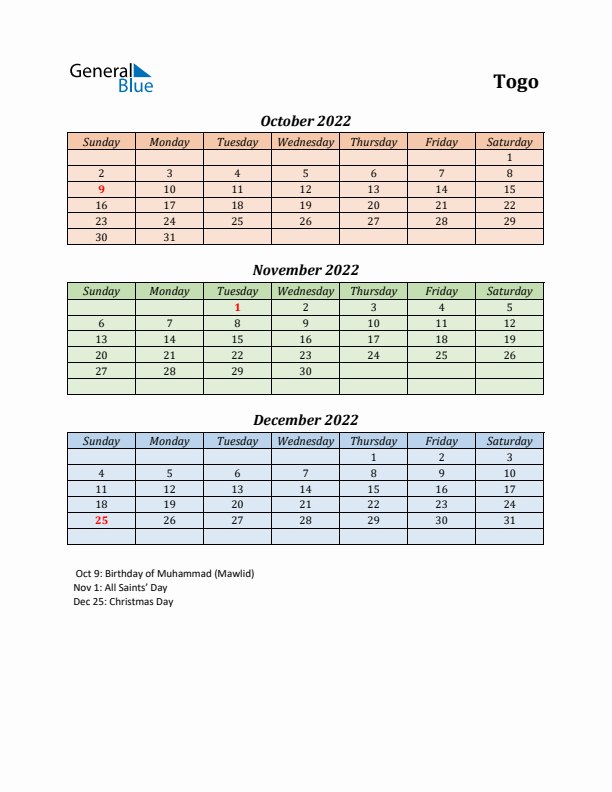 Q4 2022 Holiday Calendar - Togo