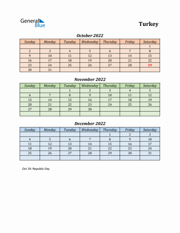 Q4 2022 Holiday Calendar - Turkey