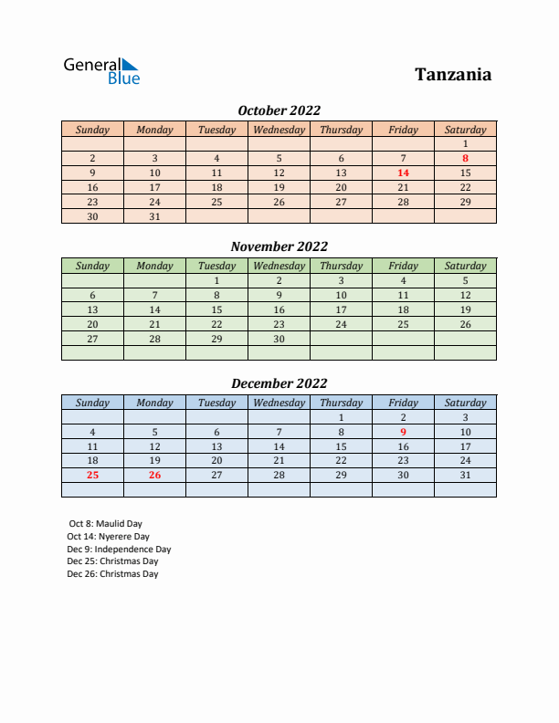 Q4 2022 Holiday Calendar - Tanzania