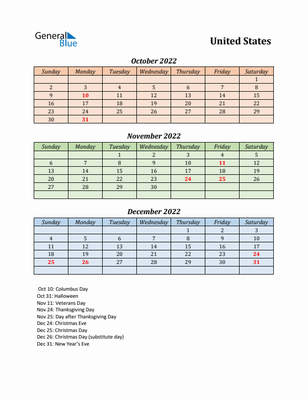 Q4 2022 Holiday Calendar - United States