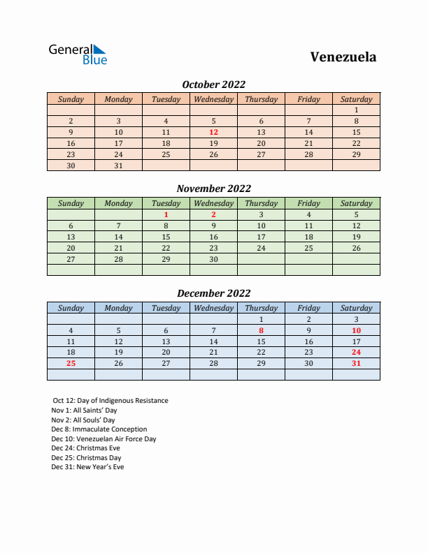 Q4 2022 Holiday Calendar - Venezuela