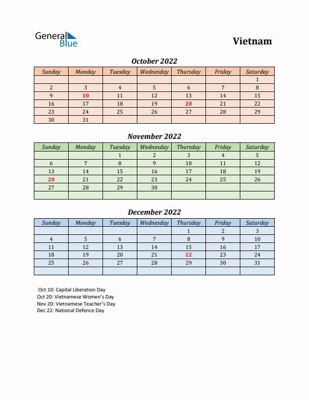 Q4 2022 Holiday Calendar - Vietnam