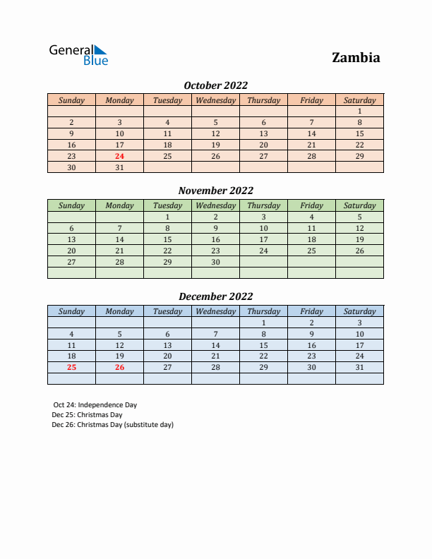 Q4 2022 Holiday Calendar - Zambia