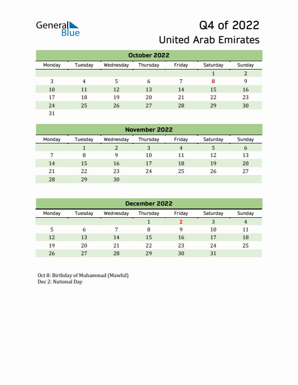 Quarterly Calendar 2022 with United Arab Emirates Holidays