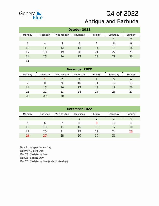 Quarterly Calendar 2022 with Antigua and Barbuda Holidays