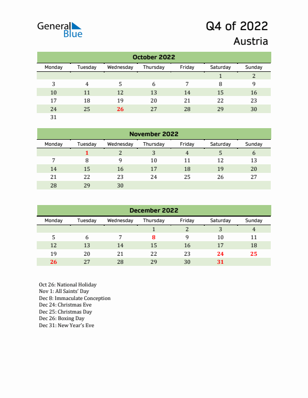 Quarterly Calendar 2022 with Austria Holidays