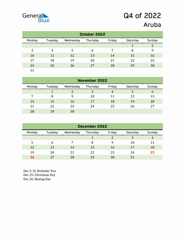 Quarterly Calendar 2022 with Aruba Holidays