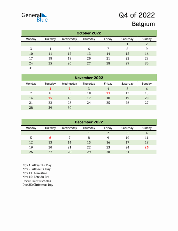 Quarterly Calendar 2022 with Belgium Holidays