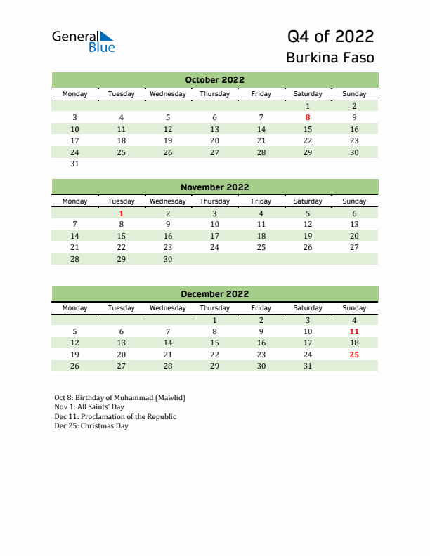 Quarterly Calendar 2022 with Burkina Faso Holidays