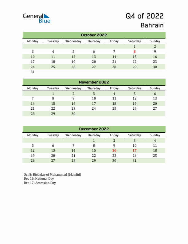 Quarterly Calendar 2022 with Bahrain Holidays