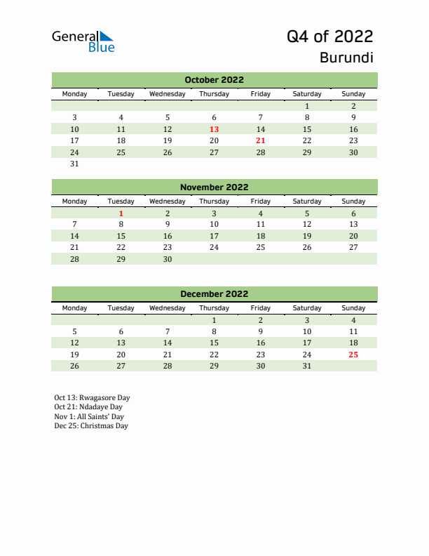 Quarterly Calendar 2022 with Burundi Holidays