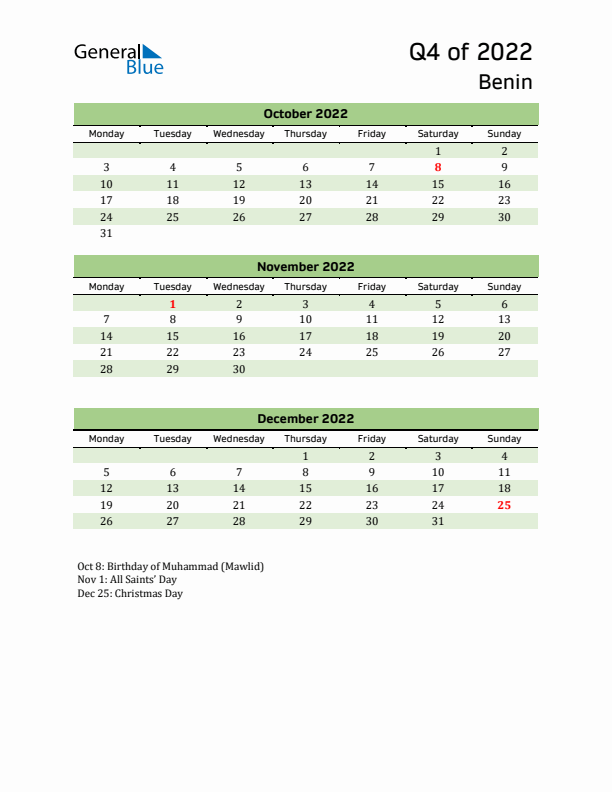 Quarterly Calendar 2022 with Benin Holidays