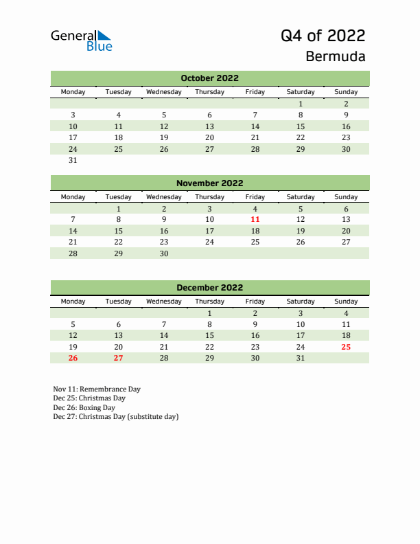 Quarterly Calendar 2022 with Bermuda Holidays