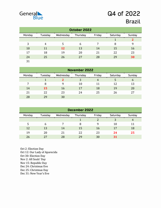 Quarterly Calendar 2022 with Brazil Holidays