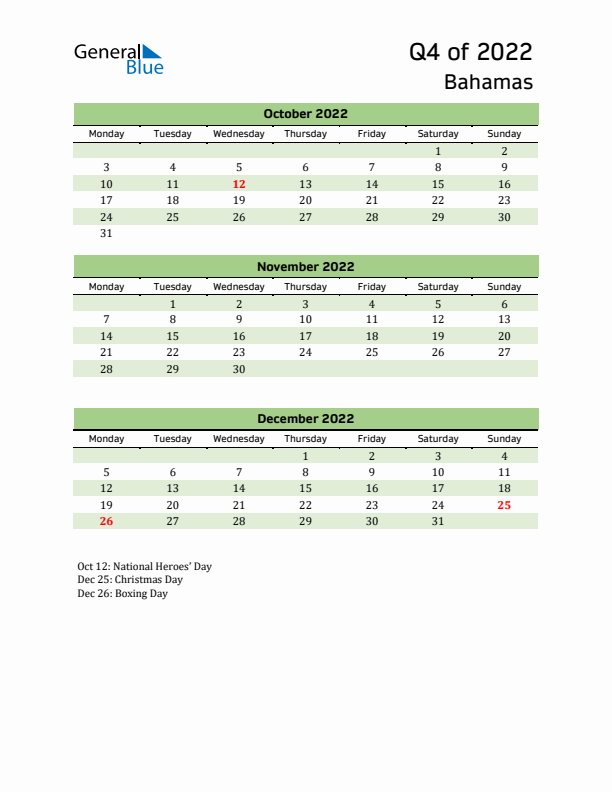 Quarterly Calendar 2022 with Bahamas Holidays