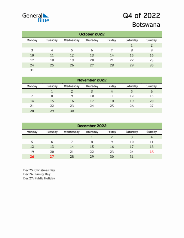 Quarterly Calendar 2022 with Botswana Holidays