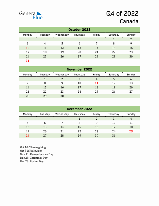 Quarterly Calendar 2022 with Canada Holidays