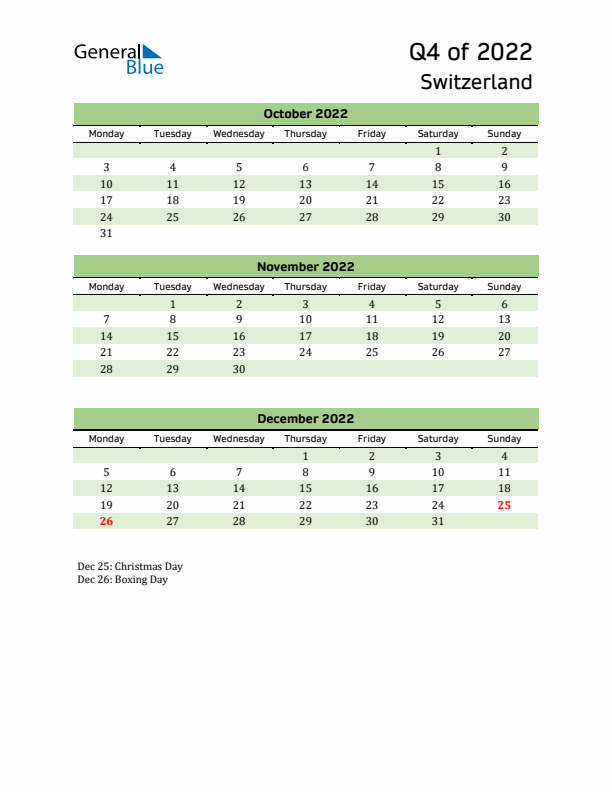 Quarterly Calendar 2022 with Switzerland Holidays