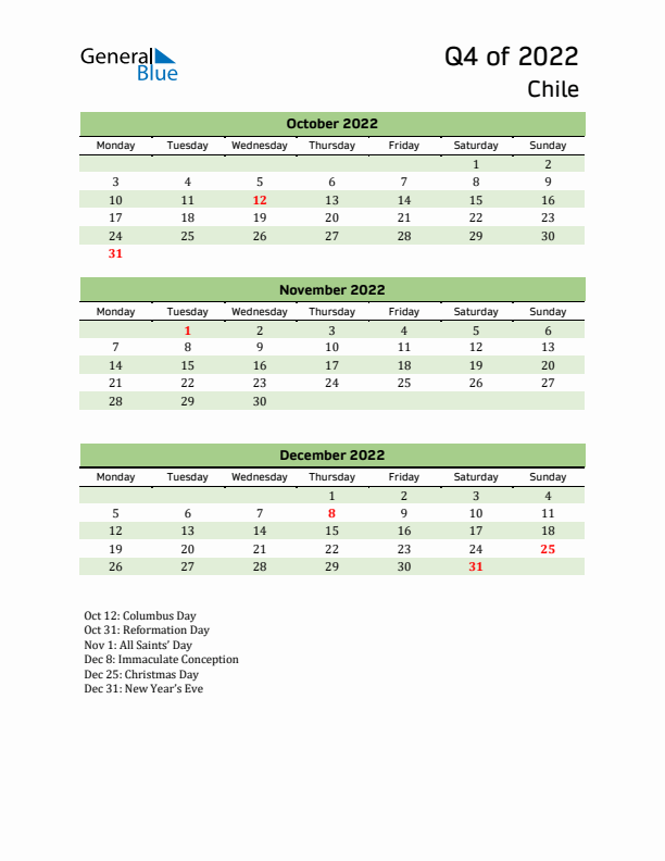 Quarterly Calendar 2022 with Chile Holidays