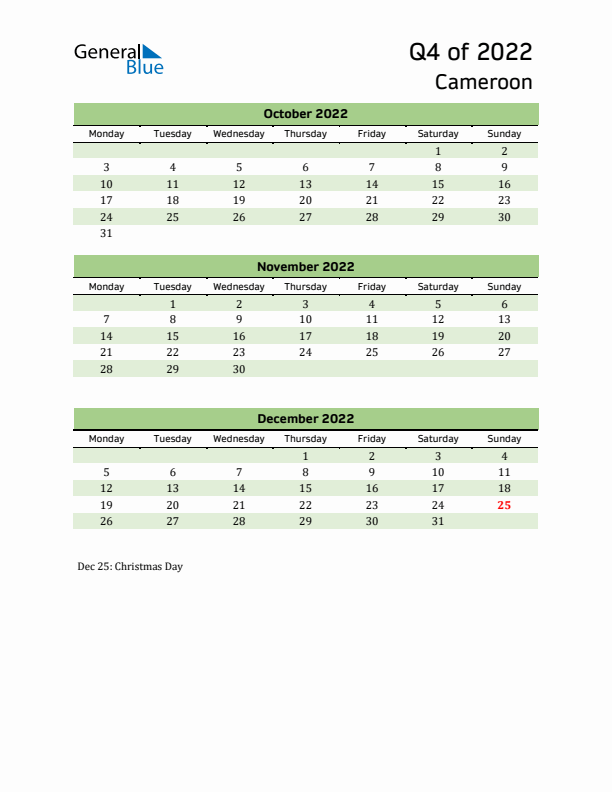 Quarterly Calendar 2022 with Cameroon Holidays