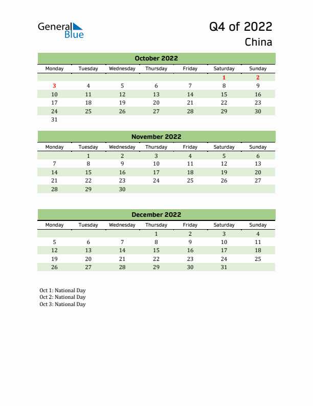 Quarterly Calendar 2022 with China Holidays