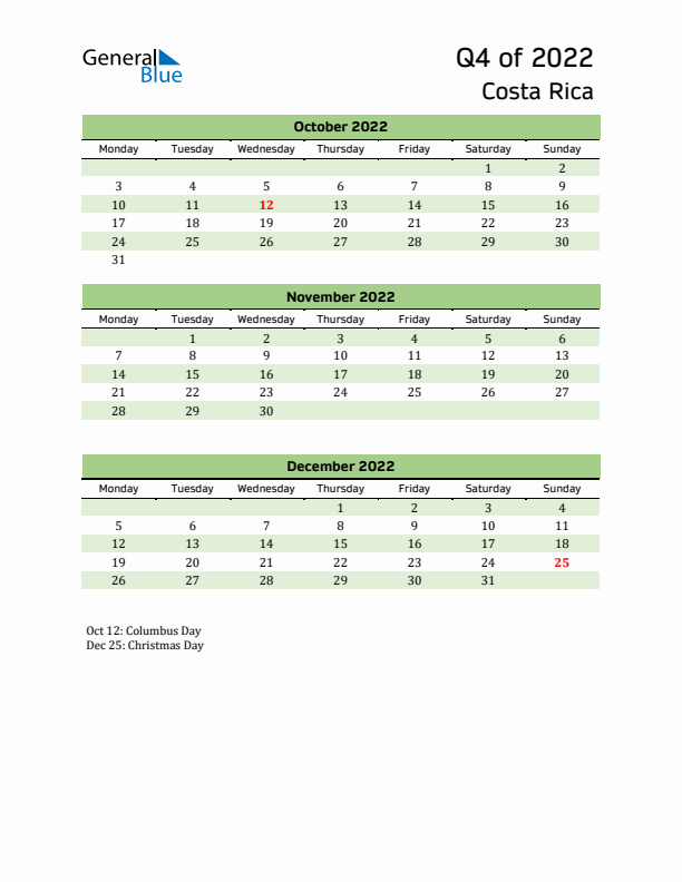 Quarterly Calendar 2022 with Costa Rica Holidays