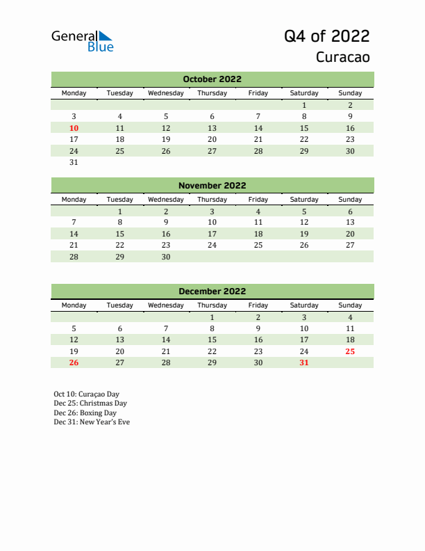 Quarterly Calendar 2022 with Curacao Holidays