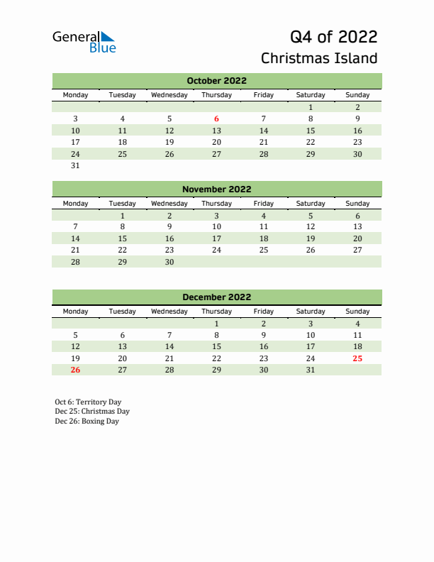 Quarterly Calendar 2022 with Christmas Island Holidays