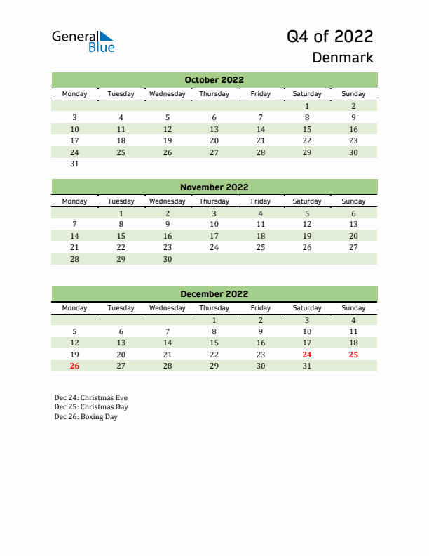 Quarterly Calendar 2022 with Denmark Holidays