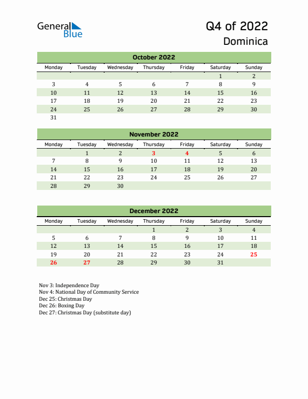 Quarterly Calendar 2022 with Dominica Holidays