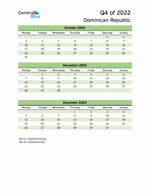 Quarterly Calendar 2022 with Dominican Republic Holidays