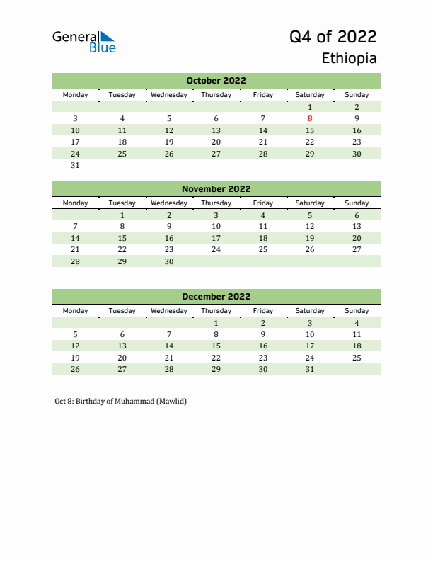 Quarterly Calendar 2022 with Ethiopia Holidays