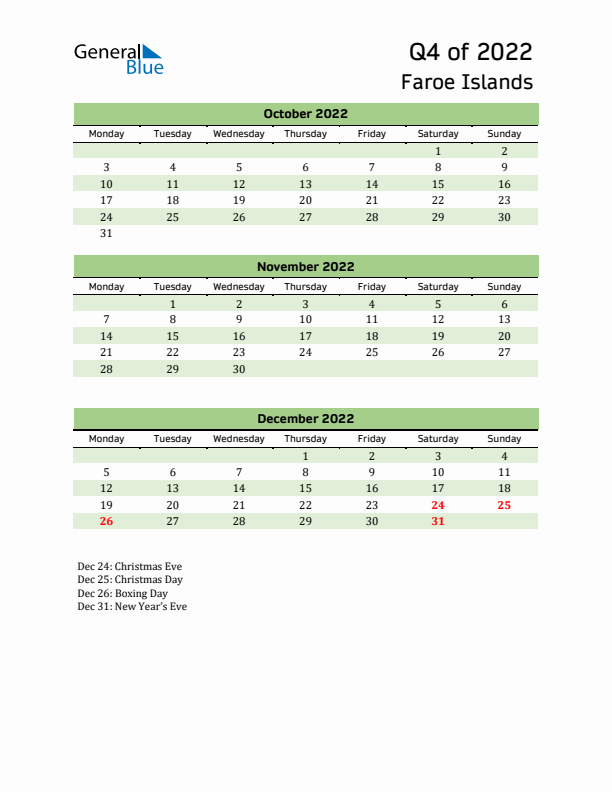 Quarterly Calendar 2022 with Faroe Islands Holidays