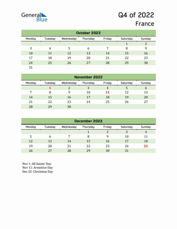 Quarterly Calendar 2022 with France Holidays