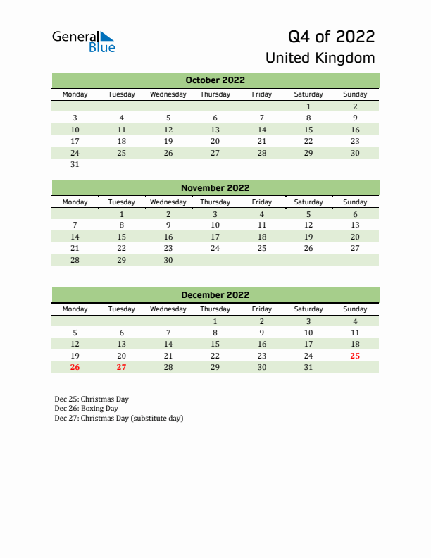 Quarterly Calendar 2022 with United Kingdom Holidays