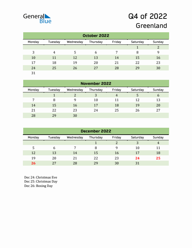 Quarterly Calendar 2022 with Greenland Holidays