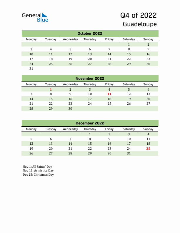 Quarterly Calendar 2022 with Guadeloupe Holidays