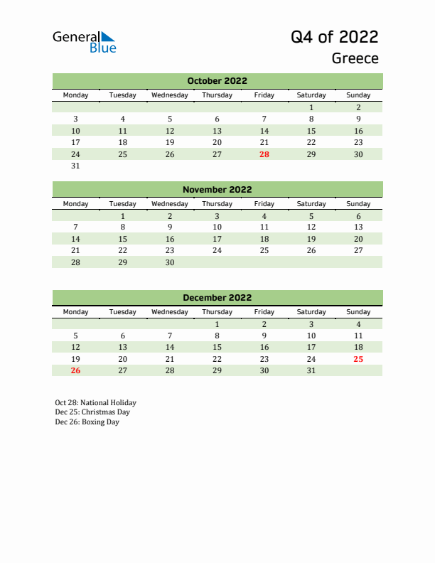 Quarterly Calendar 2022 with Greece Holidays