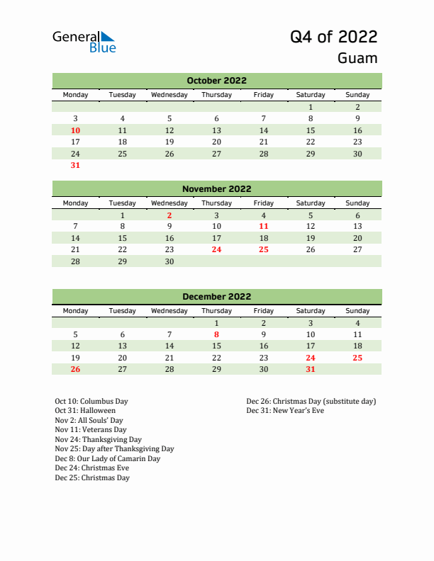 Quarterly Calendar 2022 with Guam Holidays