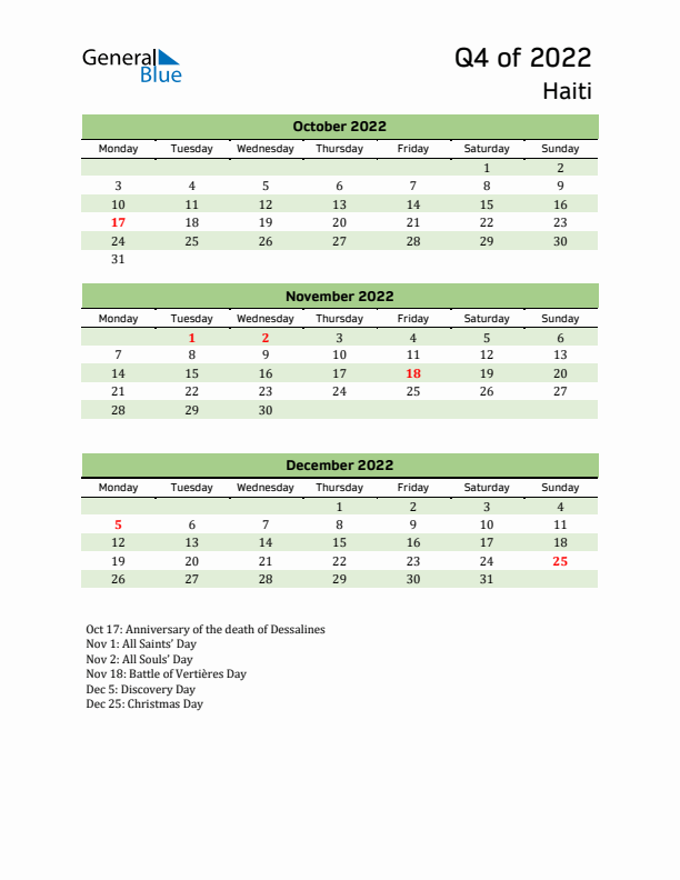 Quarterly Calendar 2022 with Haiti Holidays