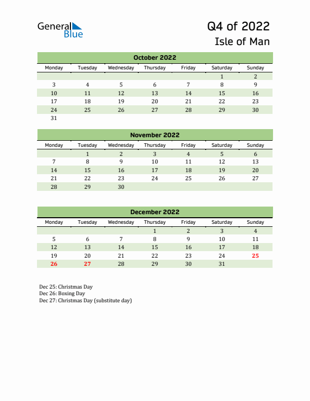 Quarterly Calendar 2022 with Isle of Man Holidays