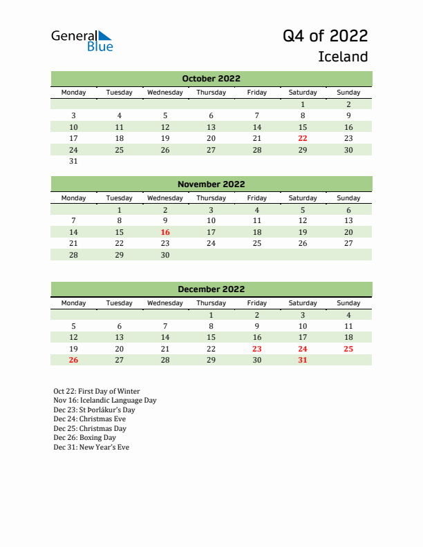 Quarterly Calendar 2022 with Iceland Holidays