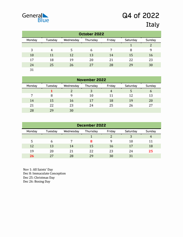 Quarterly Calendar 2022 with Italy Holidays