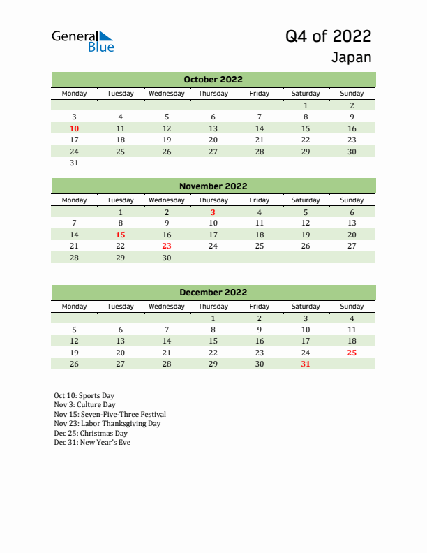 Quarterly Calendar 2022 with Japan Holidays