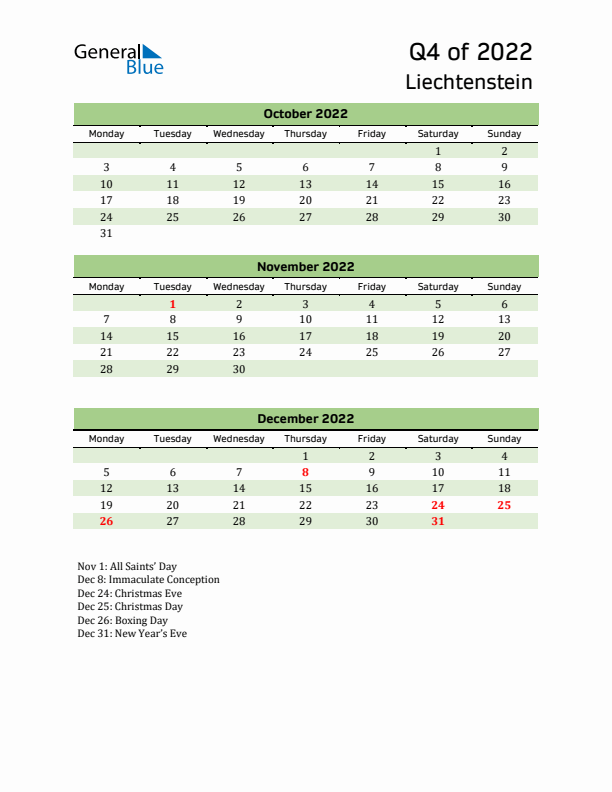 Quarterly Calendar 2022 with Liechtenstein Holidays