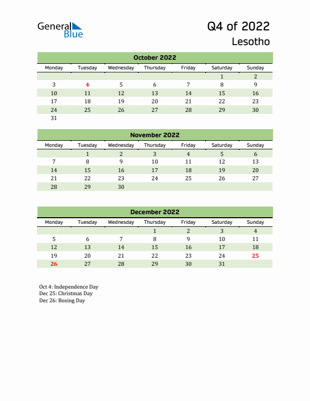 Quarterly Calendar 2022 with Lesotho Holidays