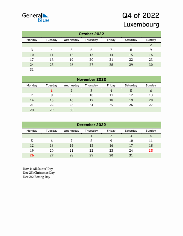 Quarterly Calendar 2022 with Luxembourg Holidays