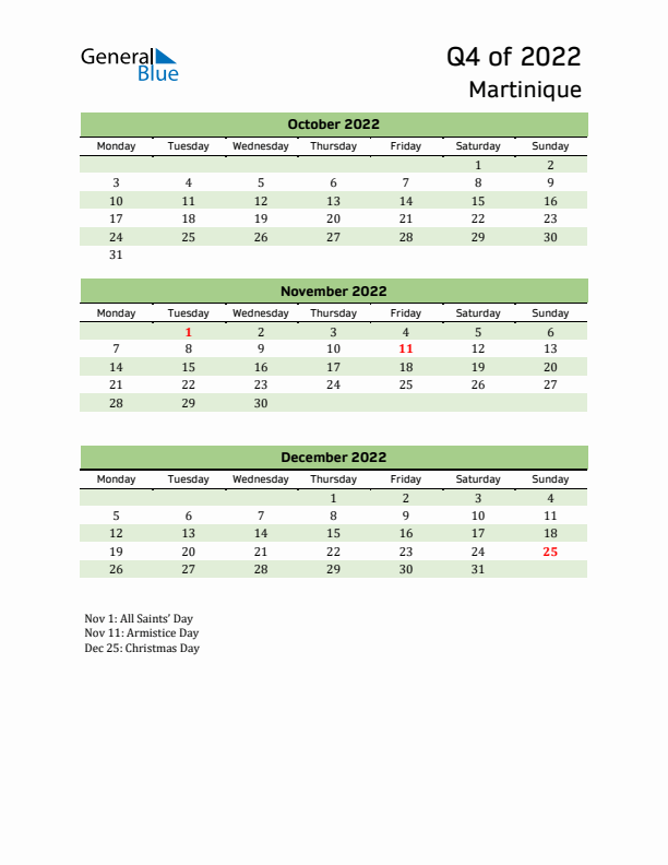 Quarterly Calendar 2022 with Martinique Holidays